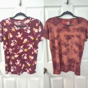 PINK SET OF 2 Purple Floral Tie Dye 100% Cotton Tees Size M